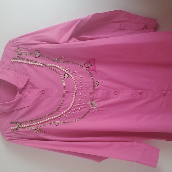 Pink Button Down Blouse with necklaces & beaded embellishments - Picture 3 of 17